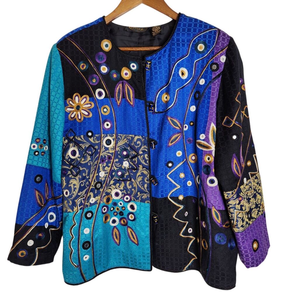 Vintage Alex Kim Womens Embroidered Embellished Colorful Artsy Boho Jacket Sz M
